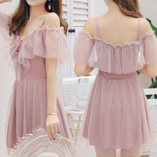 Cold-shoulder Lace-up Mesh Swimdress