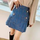 Button-detail Pleated Tweed Miniskirt