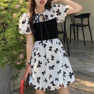 Bow Print Panel Mini A-line Dress