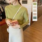 Plain Buttoned Long-sleeve Slim-fit Knit Top