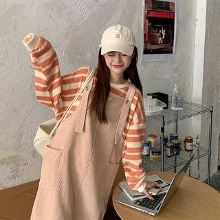 Striped Sweatshirt / Plain Midi A-line Overall Dress