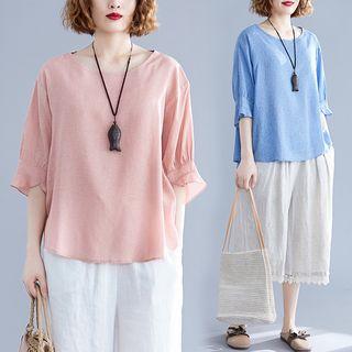 Plain Round-neck 3/4-sleeve T Shirt