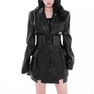 Set: Faux Leather Blazer + Lace-up Waist Belt