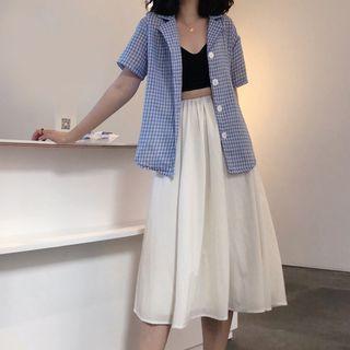 Gingham Short-sleeve Shirt / A-line Midi Skirt