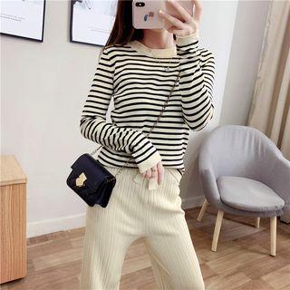 Set: Striped Long-sleeve Knit Top + Cropped Wide-leg Pants