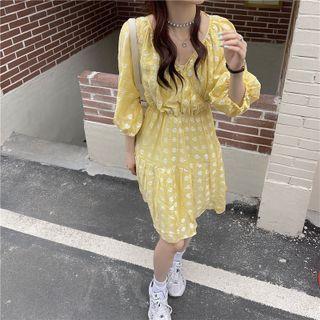 Short-sleeve Floral Embroidered V-neck Dress Yellow - One Size