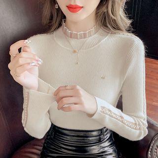 Medium Collar Knit Lace Flower Trim Top