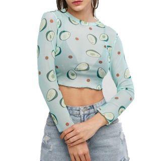 Long-sleeve Print Mesh Crop Top