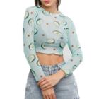 Long-sleeve Print Mesh Crop Top