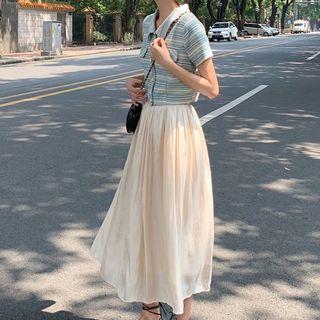 Striped Short-sleeve Blouse / Midi A-line Skirt