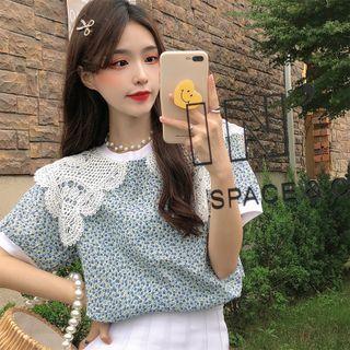 Short-sleeve Lace Collared Floral Top Blue - One Size