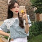 Short-sleeve Lace Collared Floral Top Blue - One Size