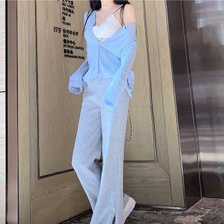 Spaghetti Strap Lace Crop Top / Cardigan / Wide-leg Sweatpants
