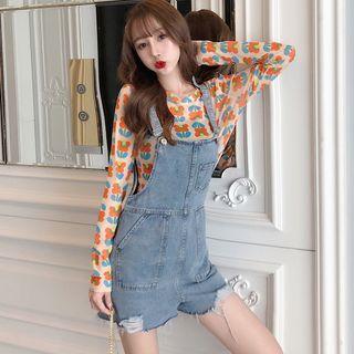 Long-sleeve Flower Printed T-shirt / Frayed Dungaree Shorts