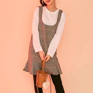 Set: Long-sleeve Top + Sleeveless Ruffle-hem Plaid Dress