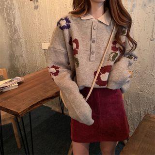 Set: Long Sleeve Printed Knit Polo Shirt + Mini A-line Skirt