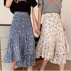 Flower Print Ruffle Midi A-line Skirt