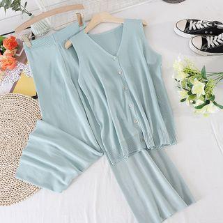 Set Of 2 : V-neck Knit Vest +wide-leg Knit Pants