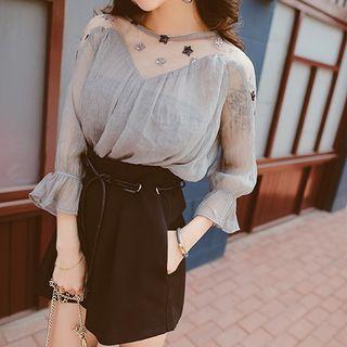 Sequined Mesh Frill Sleeve Top