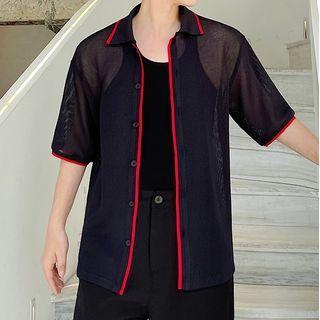 Short-sleeve Contrast Trim Mesh Casual Shirt