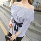 Off-shoulder Capelet Striped Top With Sash
