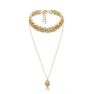 Set: Alloy Lion Pendant Necklace + Chunky Choker 0346 - Gold - One Size
