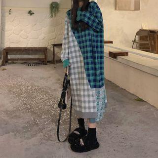 Long-sleeve Plaid Panel Knit Maxi Dress Plaid - One Size
