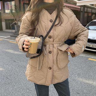 Quilted Tie-waist Buttoned Jacket