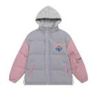 Mock Two-piece Lettering Embroidered Hooded Padded Button Jacket
