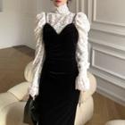 Puff-sleeve Turtle-neck Lace Top / Sleeveless Velvet Dress
