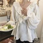 V-neck Ruffle Trim Blouse As Shown In Figure - One Size