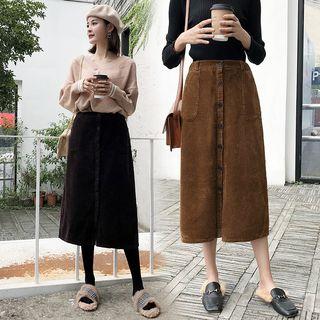 Button-front Midi A-line Corduroy Skirt