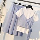 Set: Short-sleeve T-shirt + Striped Camisole Top + A-line Skirt