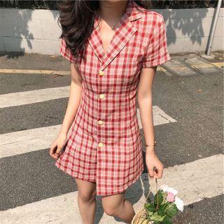 Short-sleeve Plaid Mini A-line Blazer Dress