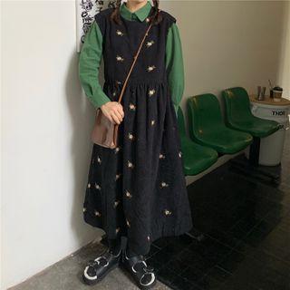 Plain Shirt / Floral Embroidered Midi Overall Dress