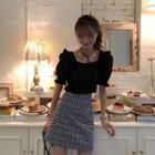 Puff-sleeve Cropped Blouse / Plaid Mini A-line Skirt
