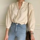 Mandarin-collar Ruched Blouse Cream - One Size
