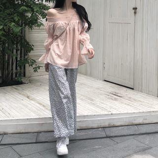 Bell-sleeve Off-shoulder Floral Blouse / High-waist Floral Wide-leg Pants