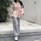 Bell-sleeve Off-shoulder Floral Blouse / High-waist Floral Wide-leg Pants