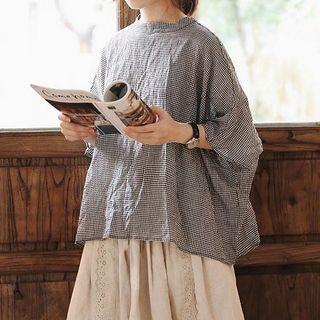 Short Sleeve Plaid Blouse Black & White - One Size