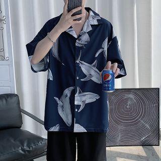 Shark Print Short-sleeve Button-down Shirt
