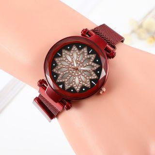 Embellished Floral Alloy Mesh Strap Watch