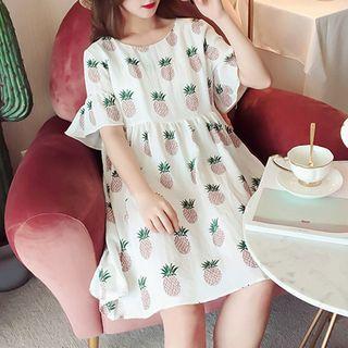 Elbow-sleeve Pineapple Print A-line Dress