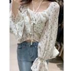 Long-sleeve Floral Print Cropped Chiffon Blouse