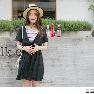 Short Sleeve Mock Two Piece Striped Panel Frilled Trim Dress