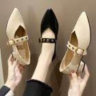 Block Heel Buckled Pointed Faux Leather Pumps