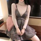Long-sleeve Knit Top / Plaid Mini Pinafore Dress