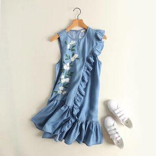 Sleeveless Floral Embroidered Ruffle-trim Denim Dress