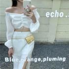 Long-sleeve Off-shoulder Drawstring Cropped Top / Plain Skirt
