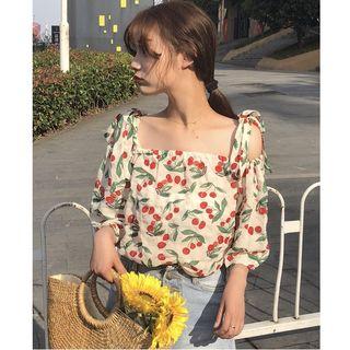 Cold Shoulder Elbow-sleeve Cherry Print Top